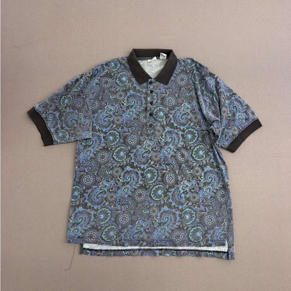 Nuovo Mens Large Paisley Polo Shirt Short Sleeve Cotton Blue Grey Vintage Style